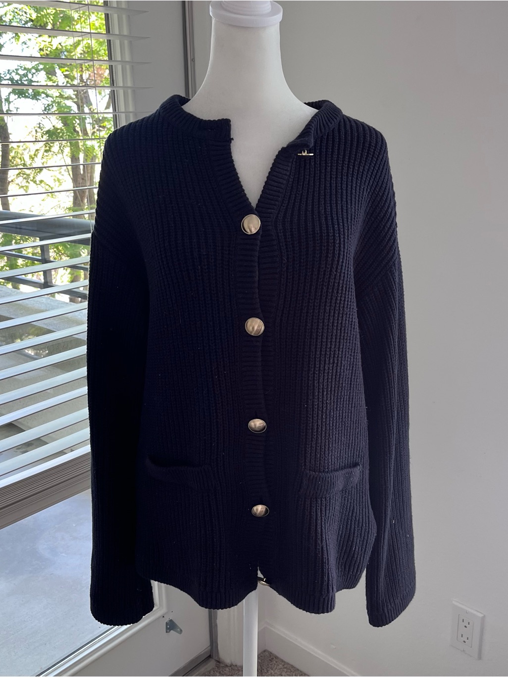 Women's Navy Ribbed Button-Up Cardigan Sweater